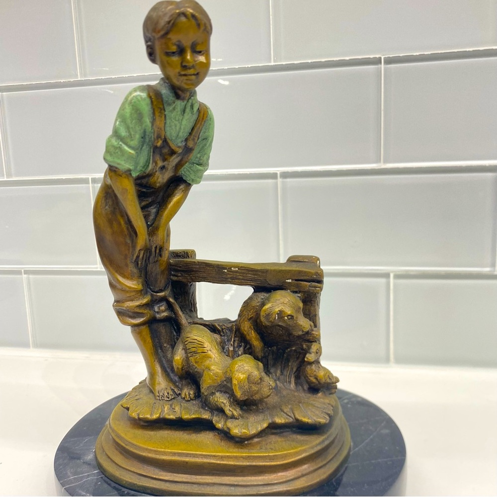 Vintage Homescape Bronze Metal Statue of a Boy & His Dogs C. 1930 on Marble Base